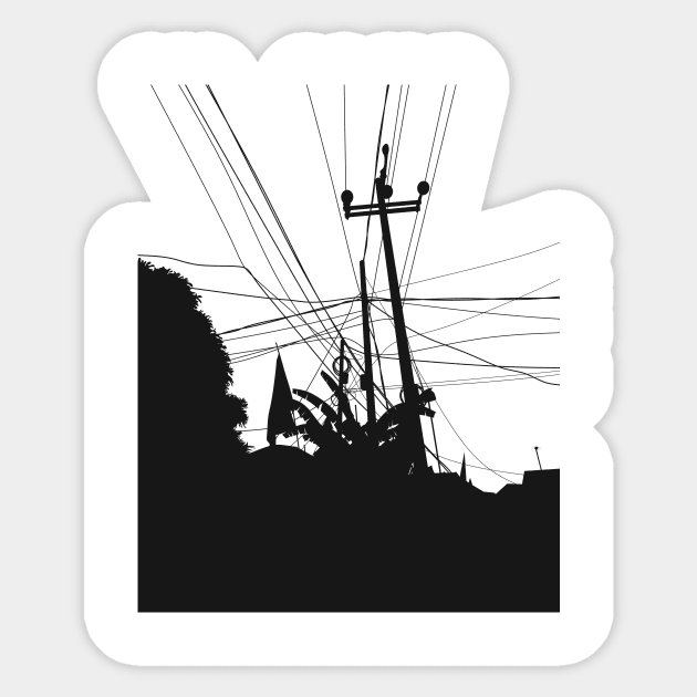 Silhouette of an electric pole with it messy wires Sticker by opiro